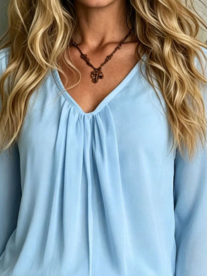 V-Neck Flounce Sleeve Blouse in Dusty Pink with v-neck