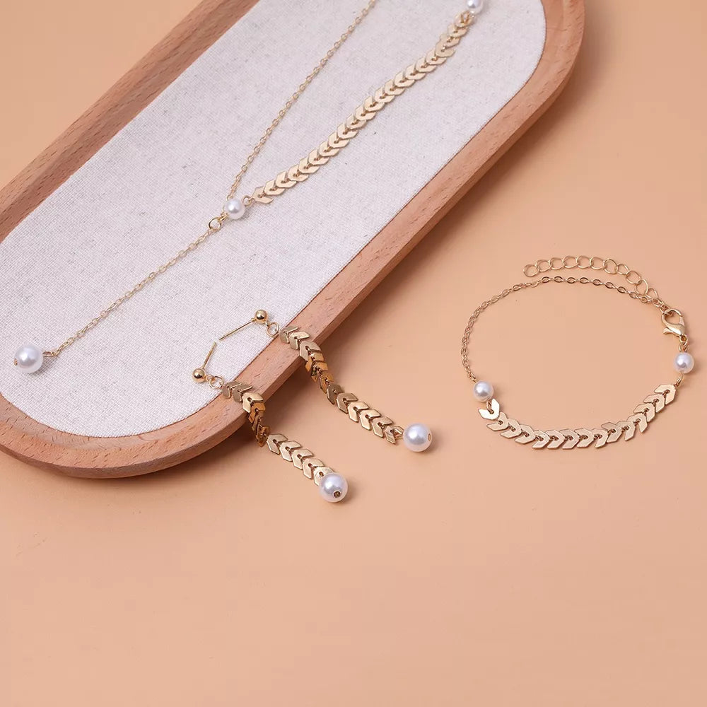 Wheat-spike 18k Gold-plated Faux Pearl Jewelry Set option 9
