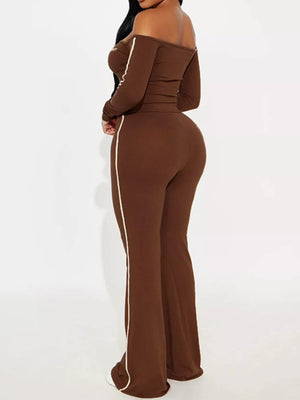 100% polyester Care instructions: Machine wash cold lounge set in Dark Brown with fitted silhouette