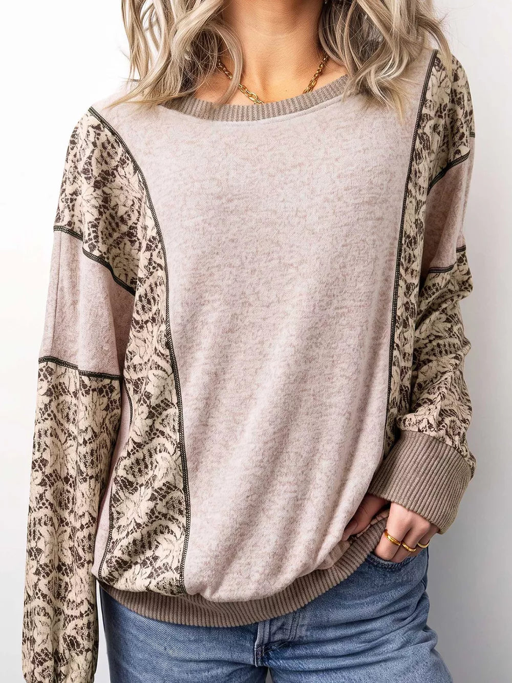 blush pink blouse with floral and round neck