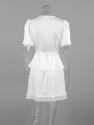 White mini dress with tie-front and short sleeve