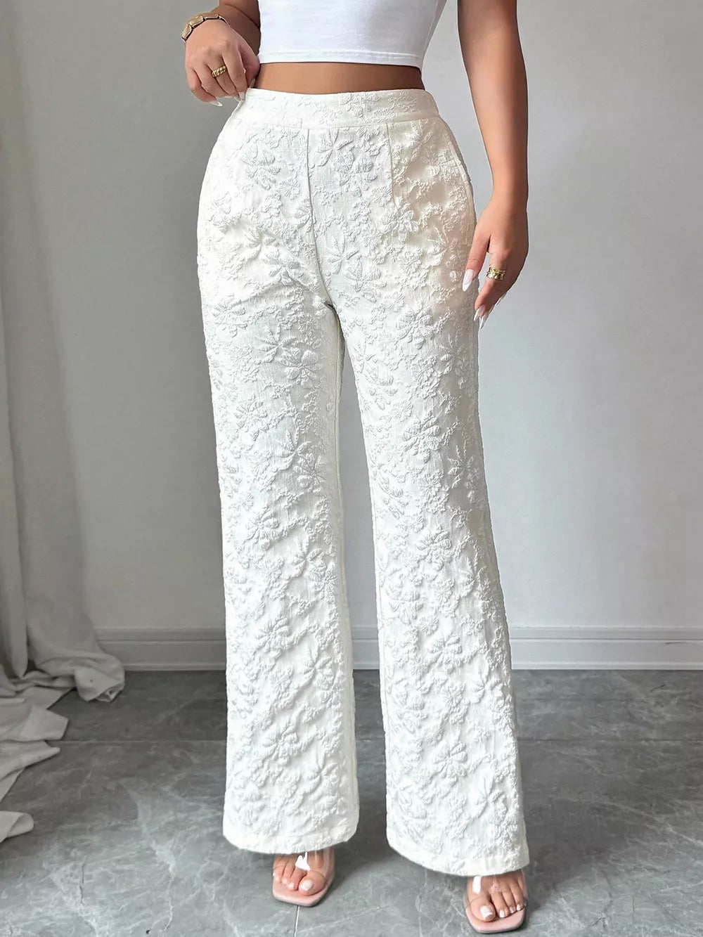 White floral textured high-waisted wide-leg maternity pants