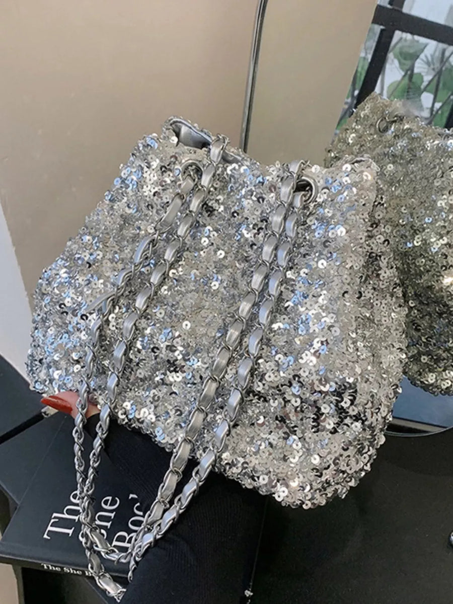Silver sequin bucket bag with double chain strap detail