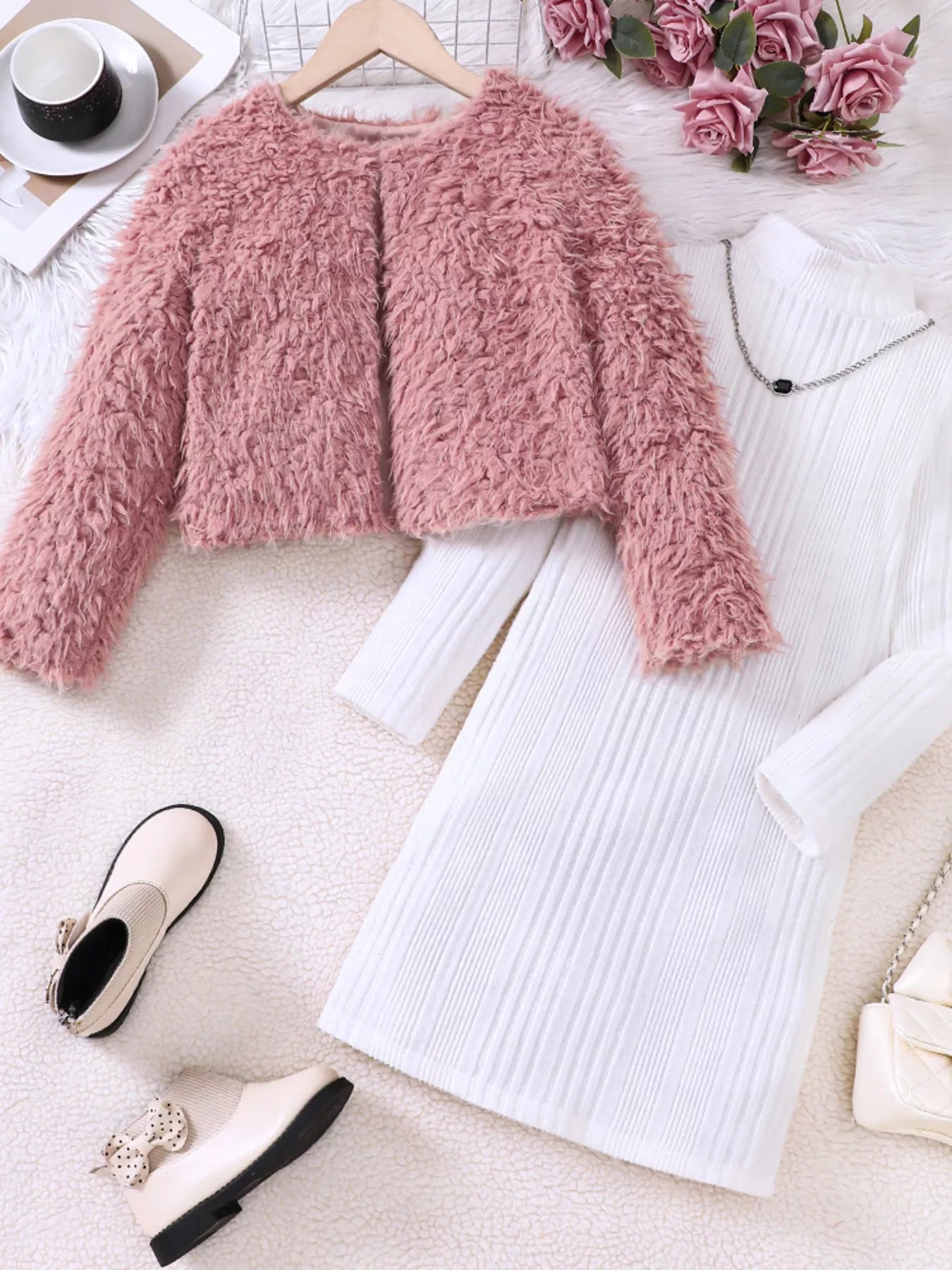 Dusty pink faux fur jacket and white ribbed dress set with necklace