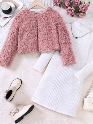 Dusty pink faux fur jacket and white ribbed dress set with necklace