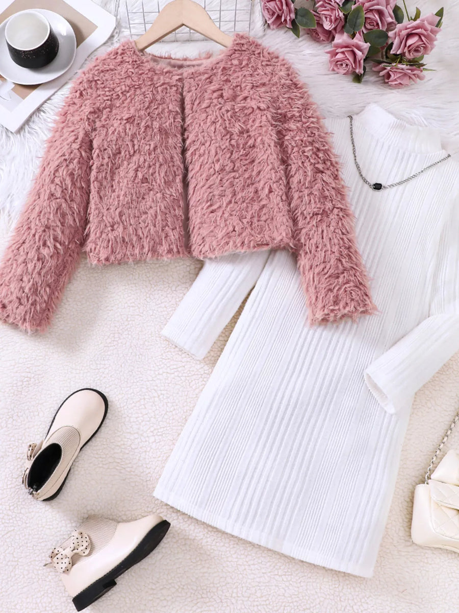 Dusty pink faux fur jacket and white ribbed dress set with necklace