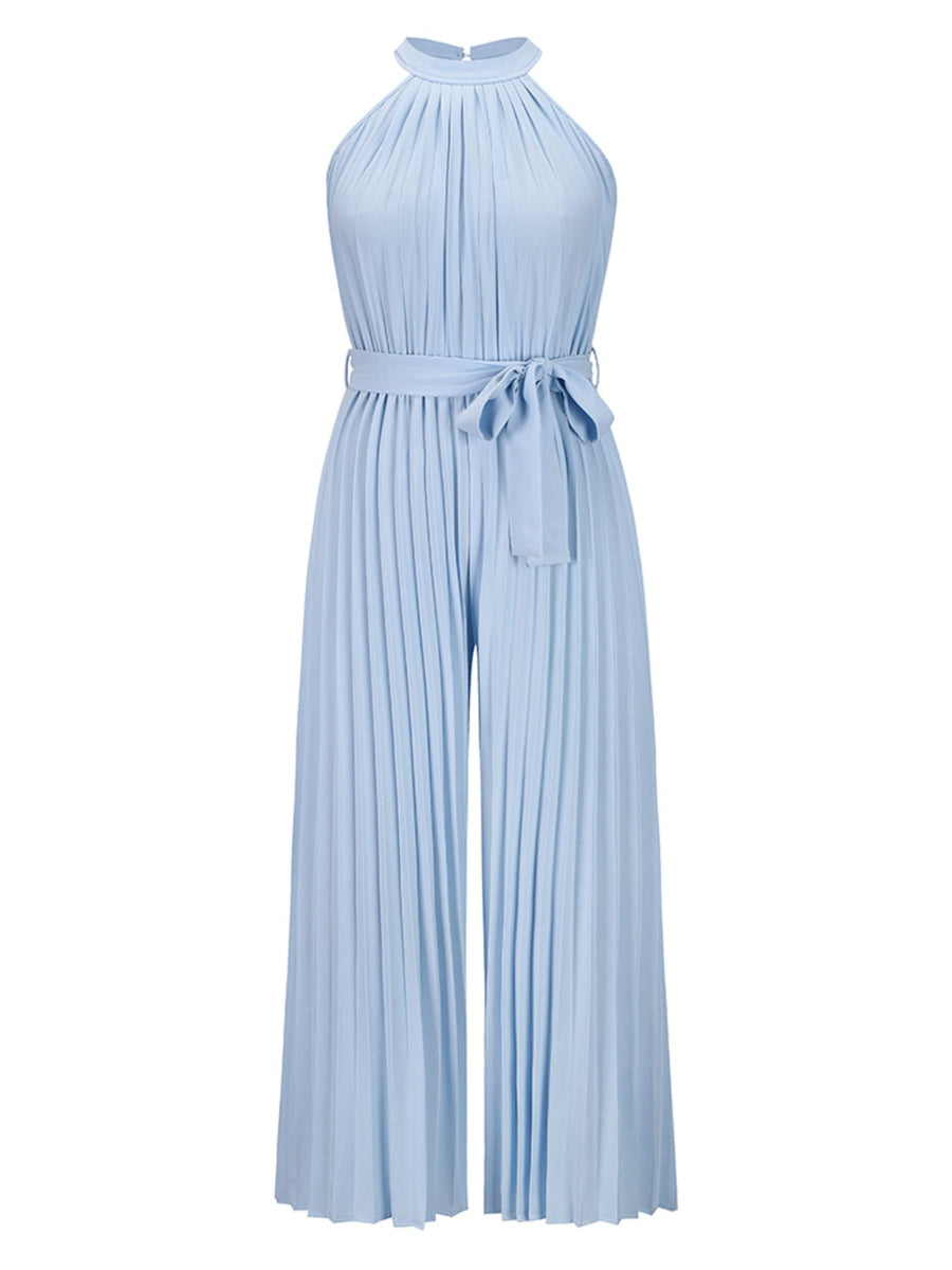 Light blue halter neck pleated palazzo jumpsuit with tie waist