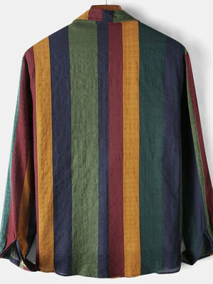 Colorblock stripe linen button-down shirt with bold vertical stripes in green, yellow, navy, and burgundy.
