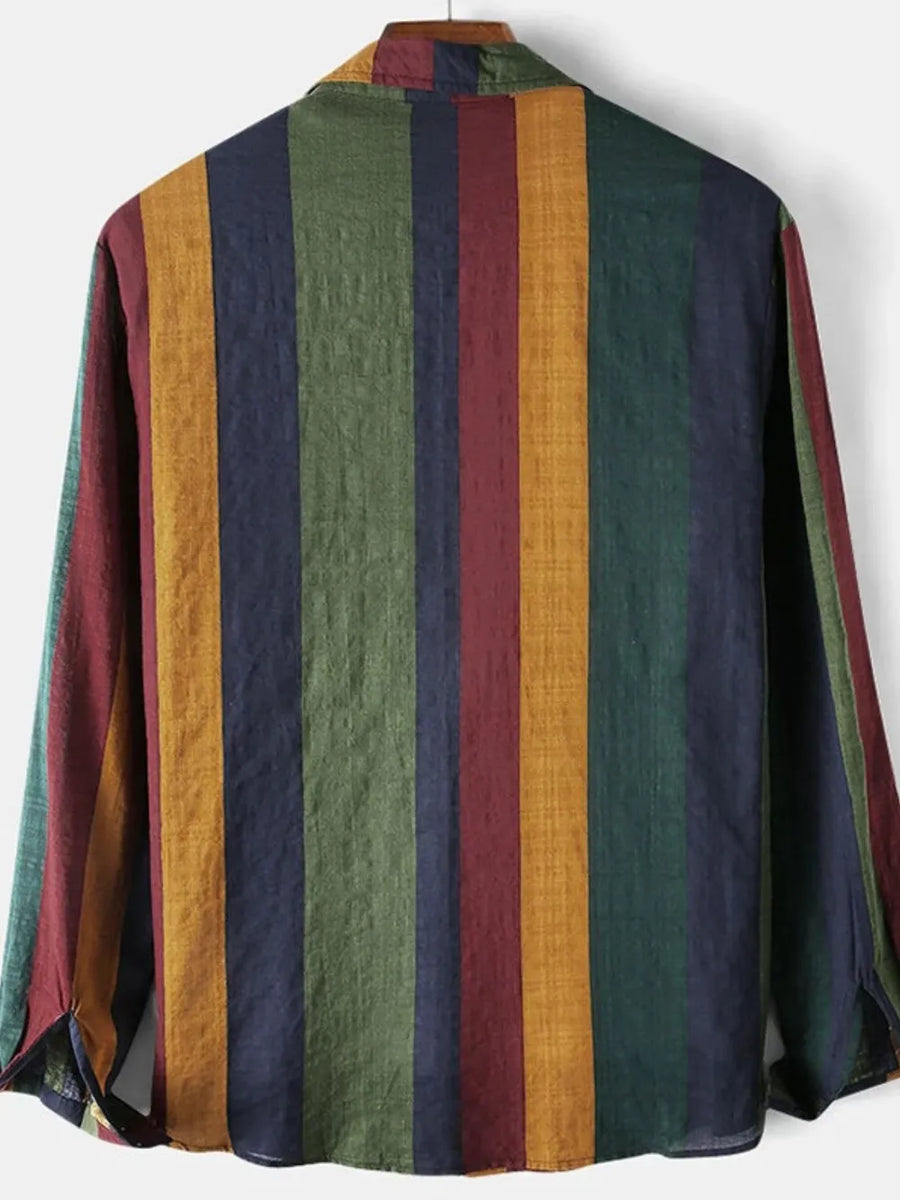 Colorblock stripe linen button-down shirt with bold vertical stripes in green, yellow, navy, and burgundy.