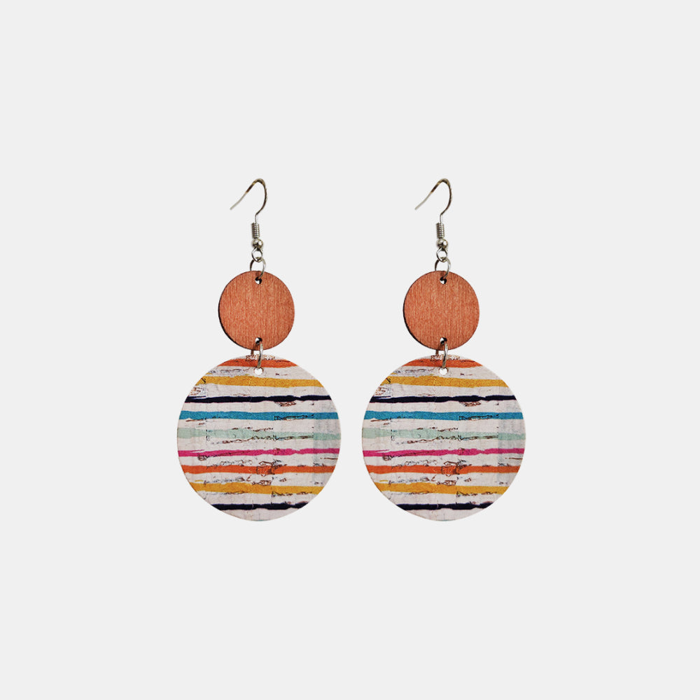 Cork and wood stripe disc earrings with boho casual style
