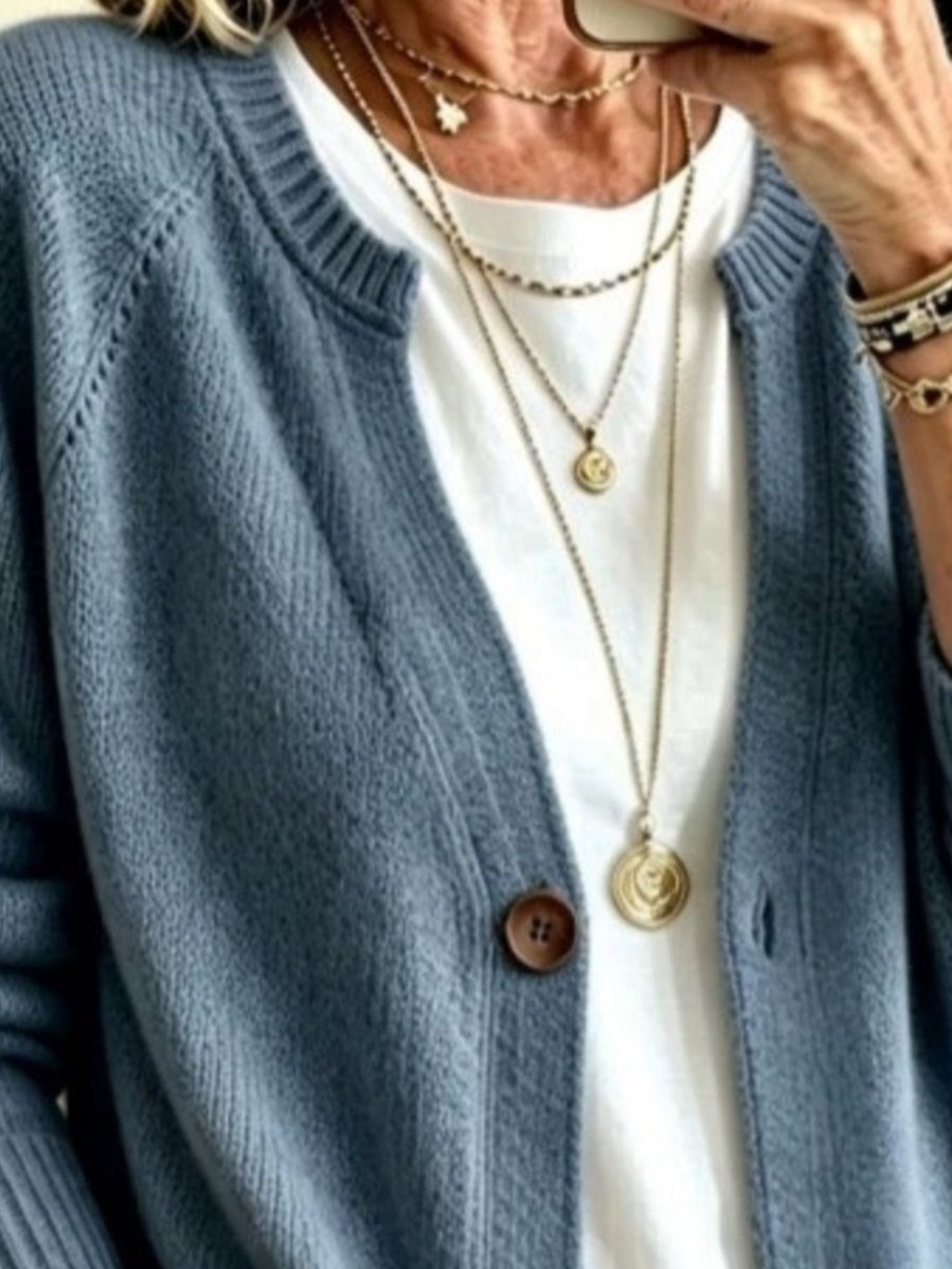 Khaki cardigan with hip-length and button-front