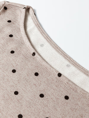 Khaki polka dot long-sleeve tee with boat neck detail