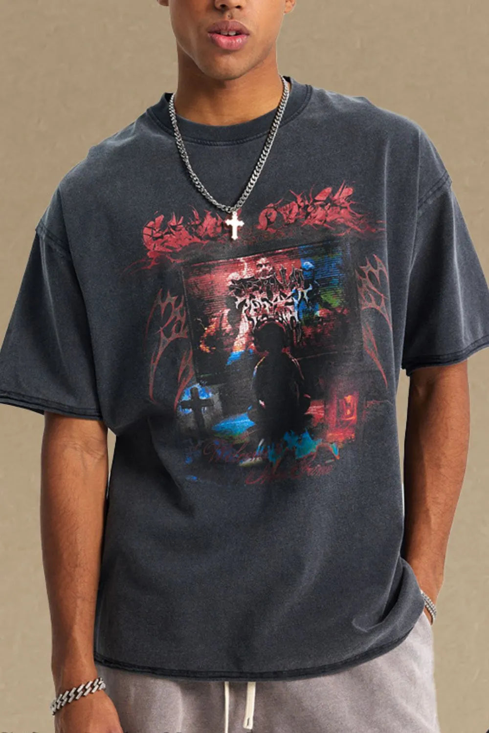 Black washed cotton oversized graphic tee with a vintage distressed look and bold graphic print.