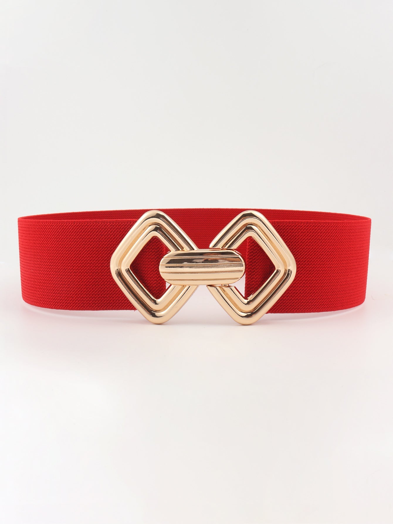 Red elasticated belt with gold geometric buckle detail