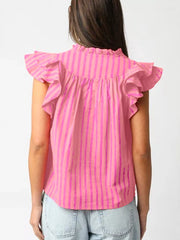 Pink striped blouse with ruffled neckline and cap sleeves.