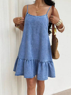 Blue with Casual Spaghetti Strap Ruffle Hem Denim Dress