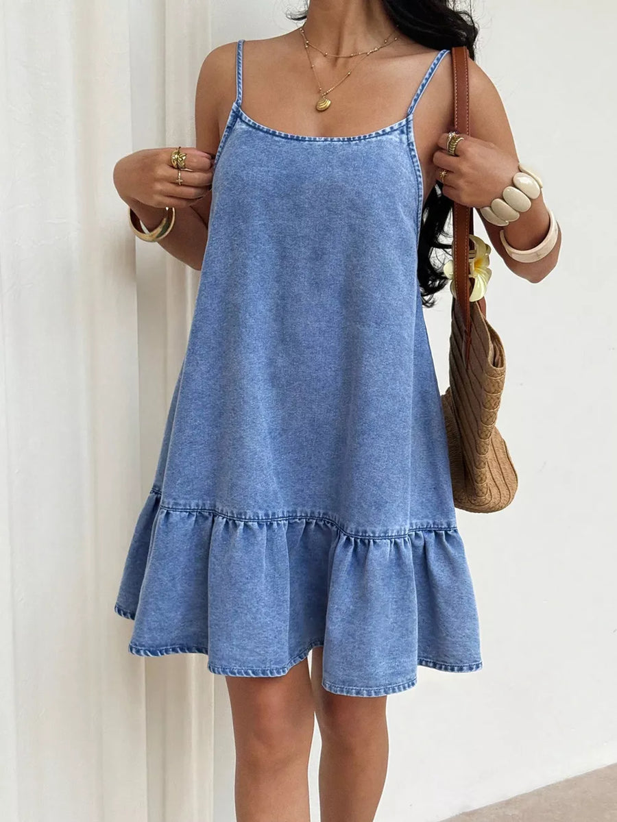 Blue with Casual Spaghetti Strap Ruffle Hem Denim Dress
