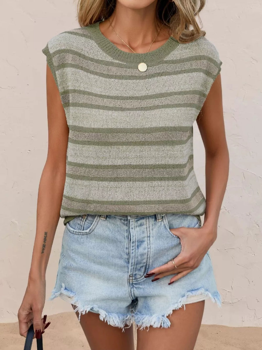 light olive sweater vest featuring ribbed and striped
