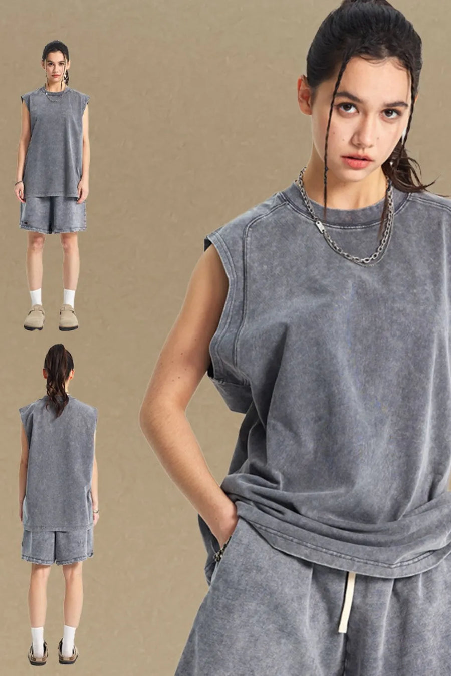 Acid wash relaxed fit tank top in dark gray with a crew neck and sleeveless cut.