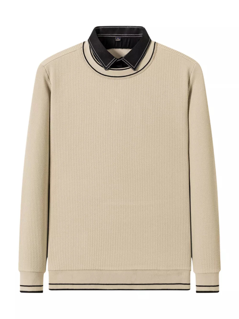 Beige ribbed knit sweater with collar and black trim details
