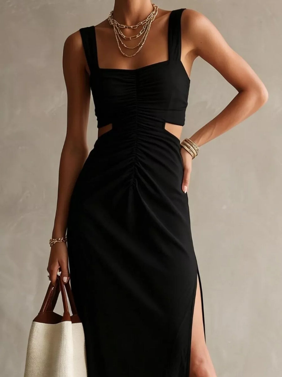Ruched Cut-out Midi Dress in Burgundy