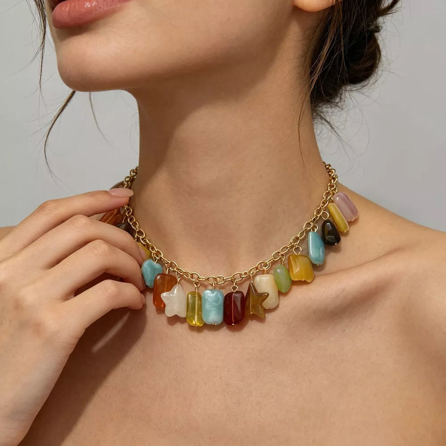 Bohemian Multi-color Gemstone 18k Gold-plated Necklace in Gold