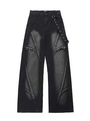 washed black jeans with full-length and zip-front
