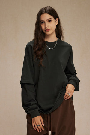 Dark green long sleeve crewneck t-shirt with layered sleeves
