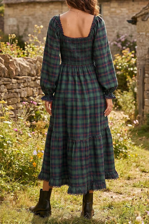 Plaid Long Sleeve Tiered Midi Dress in Black Forest