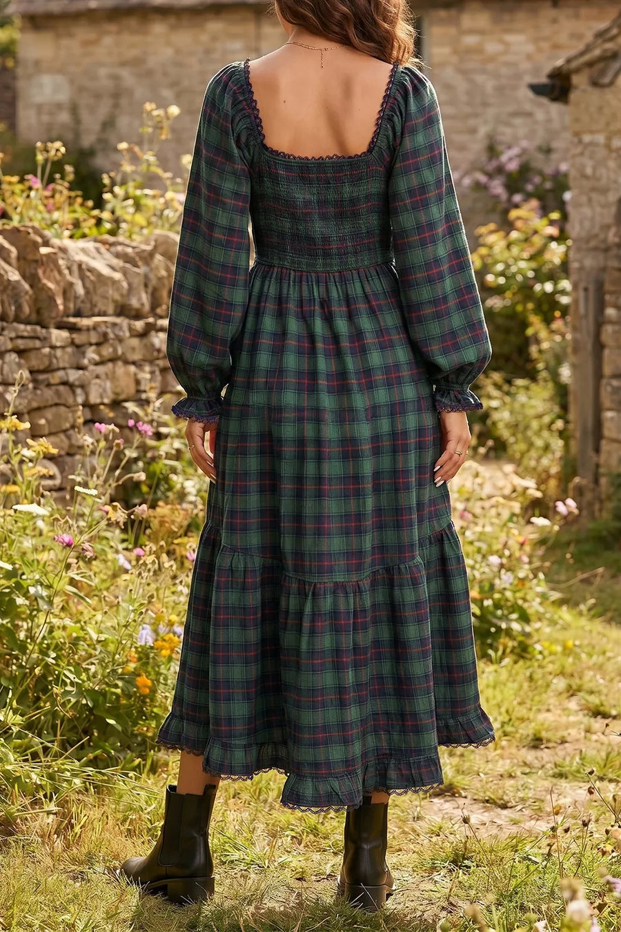 Plaid Long Sleeve Tiered Midi Dress in Black Forest