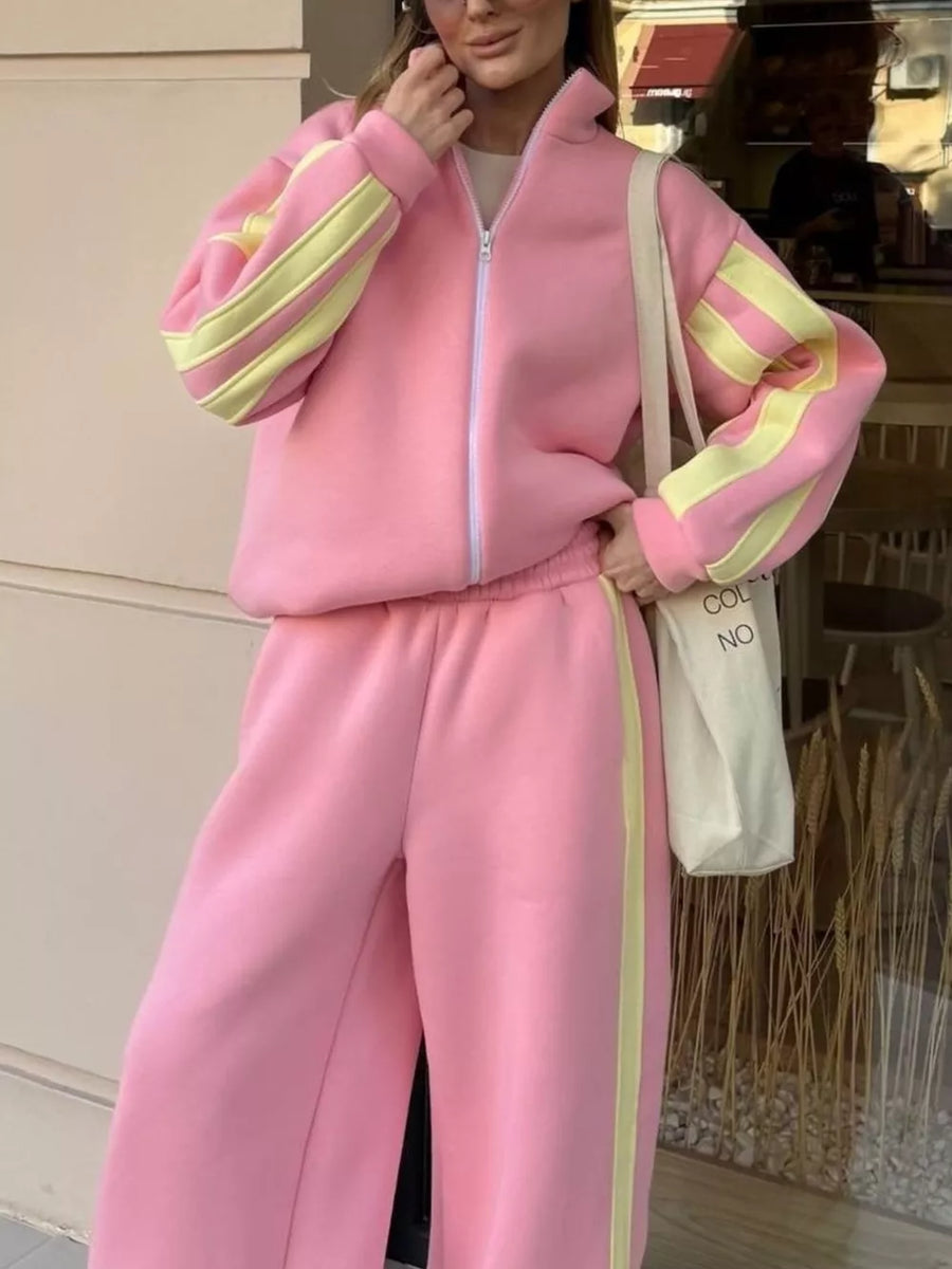 Pink lounge set with zip-front, elastic and striped