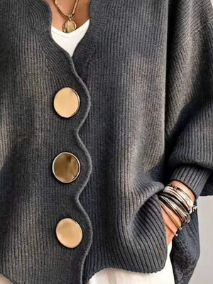 Blue cardigan with hip-length and button-front