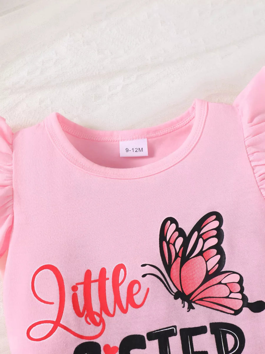 Pink ruffled sleeve baby undershirt with butterfly graphic and text.