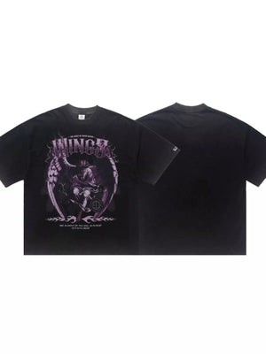 Oversized black cotton blend graphic tee with angel and flame print