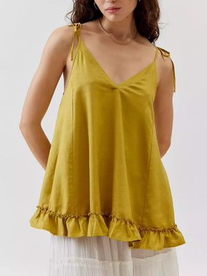 Yellow ruffled camisole with adjustable tie straps and V-neck.