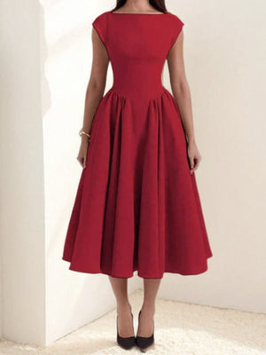 Deep red A-line midi dress with cap sleeves and boat neck, full skirt.