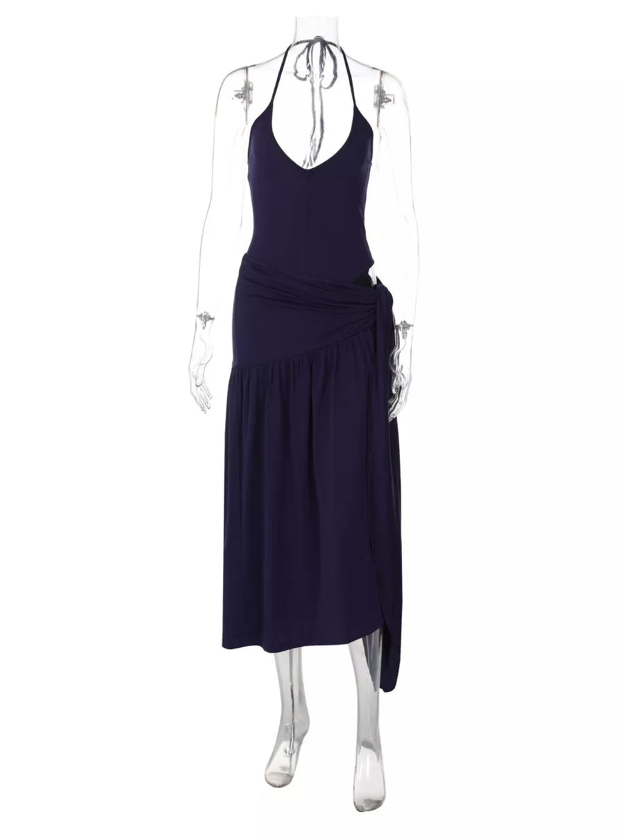Navy halter neck ruched maxi dress with deep v-neck and tie detail
