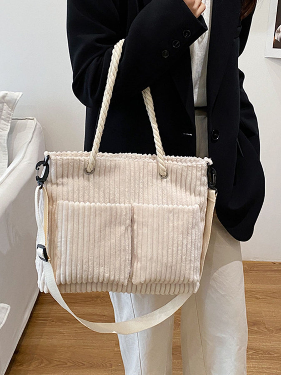 Casual Corduroy Handbag Tote Bag in White with rope handles