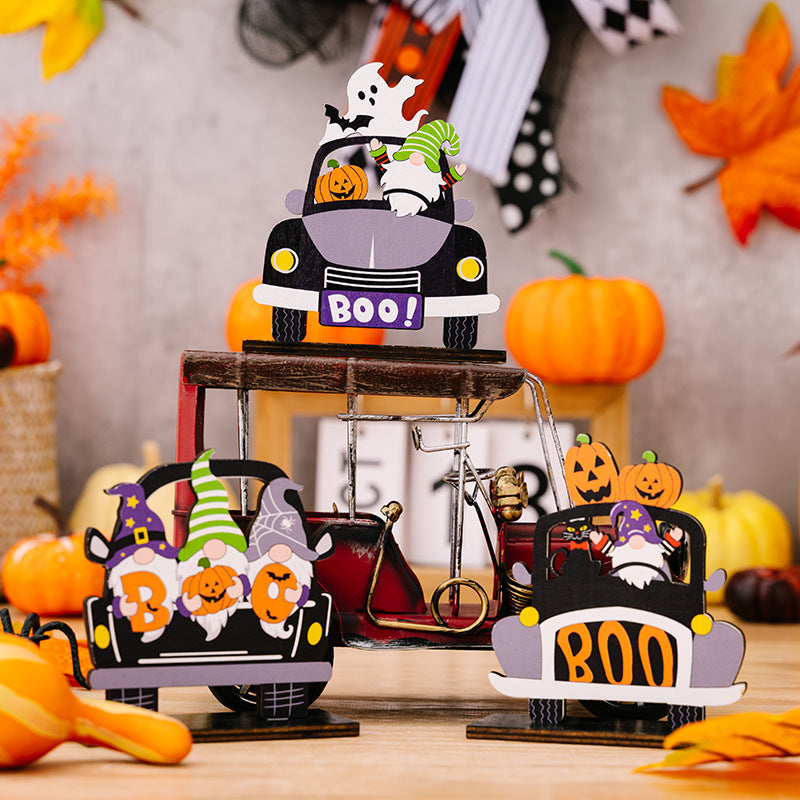 Halloween gnome car tableau set with colorful gnomes and pumpkins, perfect for seasonal decor.