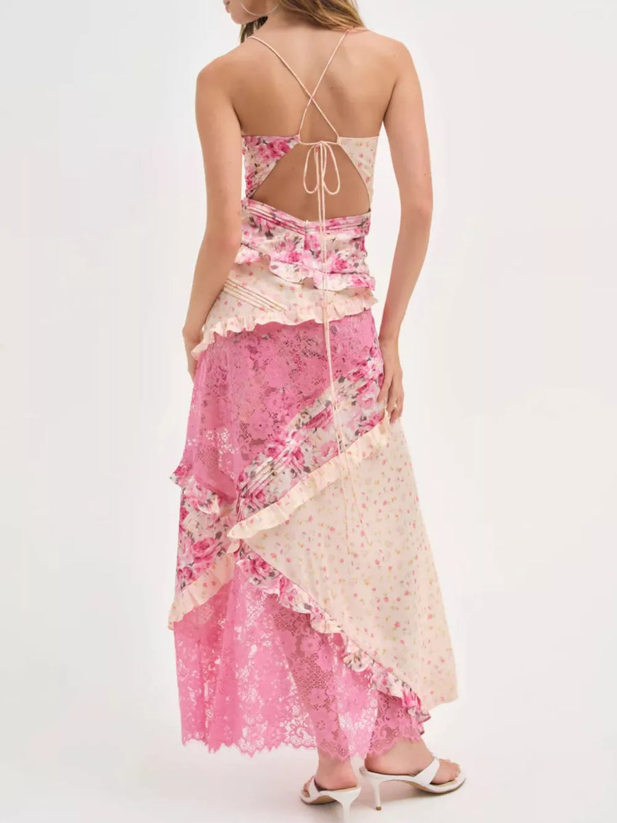 Floral lace maxi dress with ruffles in pink and cream floral print, featuring a cutout back and tiered skirt.