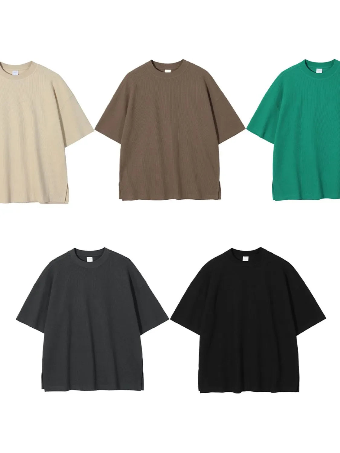 Waffle knit boxy t-shirts in beige, taupe, green, dark gray, and black.