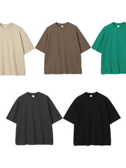 Waffle knit boxy t-shirts in beige, taupe, green, dark gray, and black.