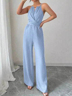 Sleeveless Tie Waist Wide-leg Jumpsuit in Khaki Color with tied