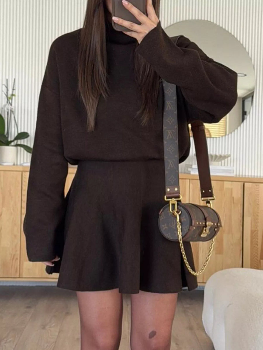 Coffee brown turtleneck sweater and flared mini skirt set, casual knit outfit for women.