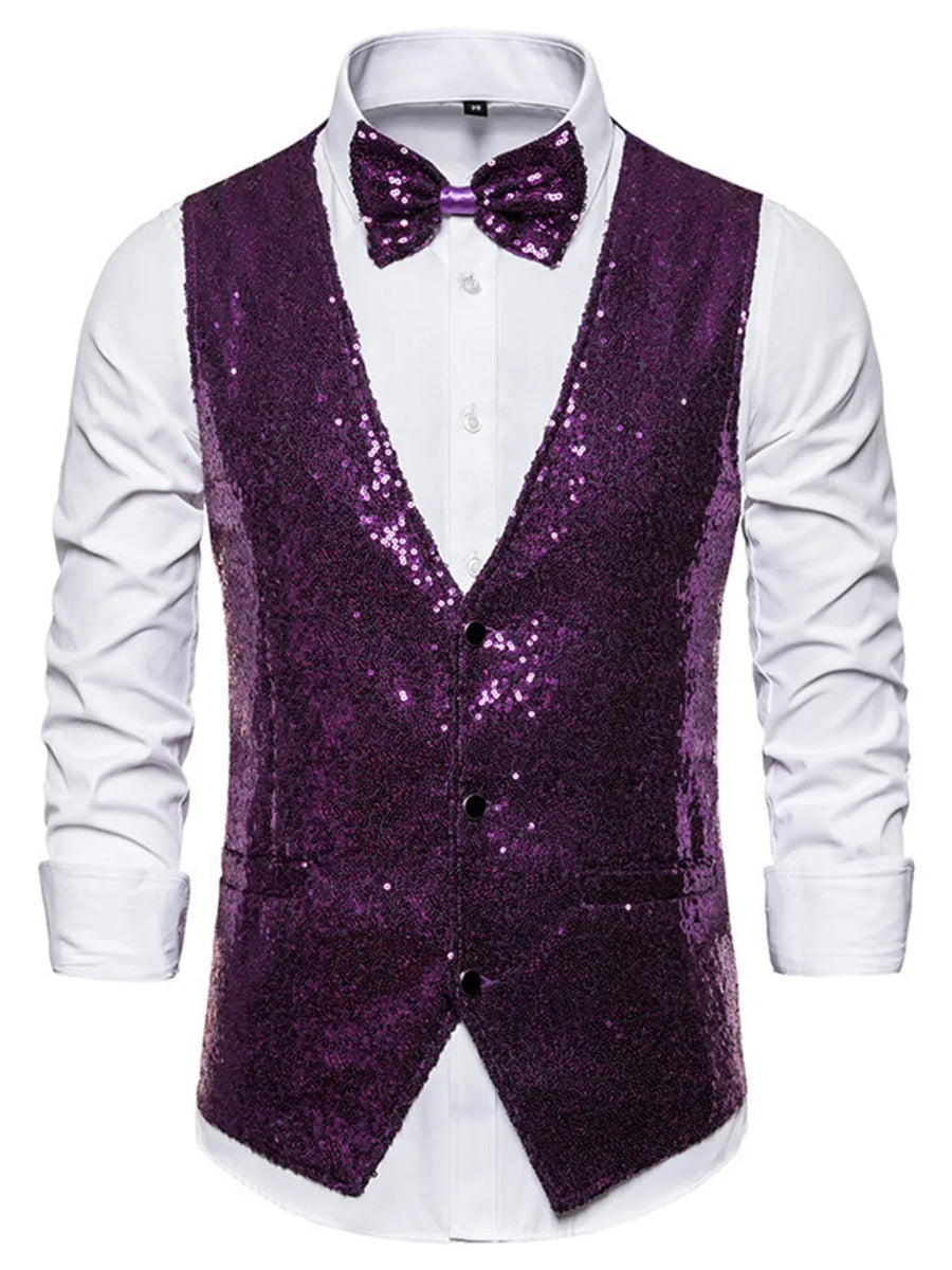 Purple sequin men's vest with a matching bow tie and white shirt.
