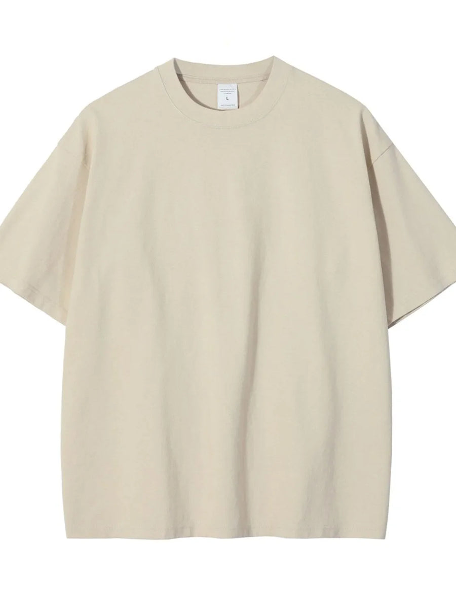 Oversized crewneck tee in beige, relaxed fit, short sleeves, crew neck.