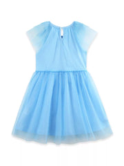 Baby blue tulle dress with cap sleeves, a gathered waist, and a sparkly overlay.