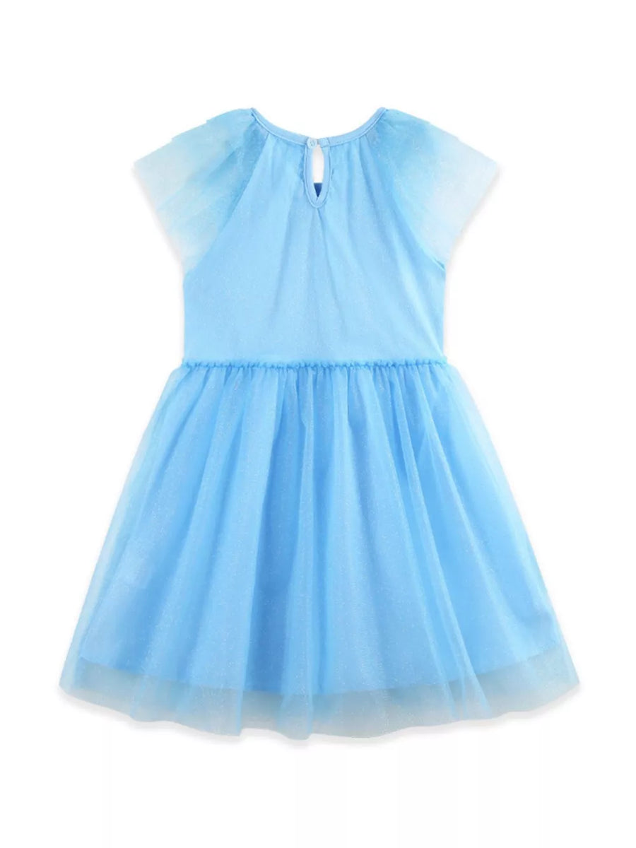Baby blue tulle dress with cap sleeves, a gathered waist, and a sparkly overlay.