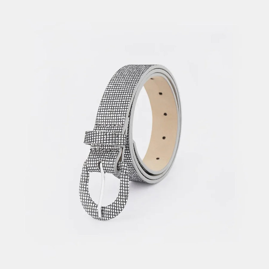 Silver glitter micro-studded belt with a silver buckle and loop.