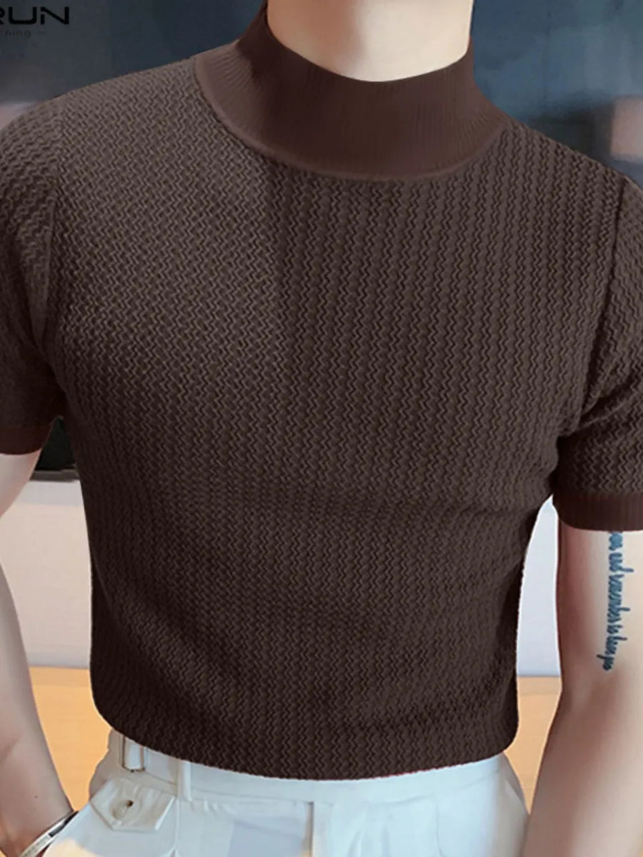 Textured knit mock neck tee in coffee brown with short sleeves.